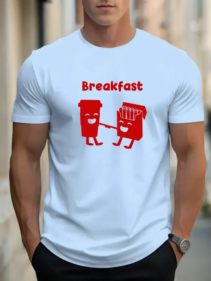 T-shirt pour hommes petit-déjeuner 100 % coton impression graphique été
