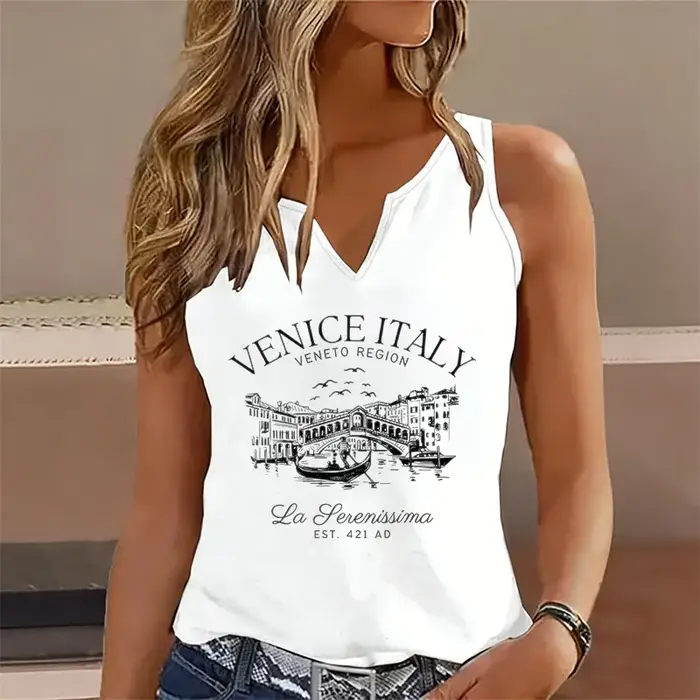 T-shirt débardeur vintage Italie Venise sans manches col en V décontracté rétro pour femme avec moti