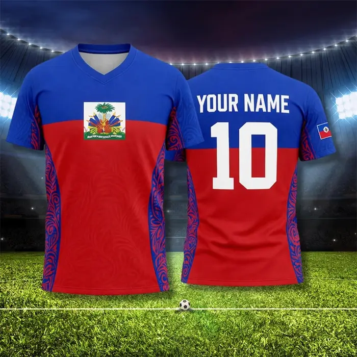 T-shirt de football Haïti 2026 pour hommes – Vêtement sportif à séchage rapide avec logo drapeau haïtien