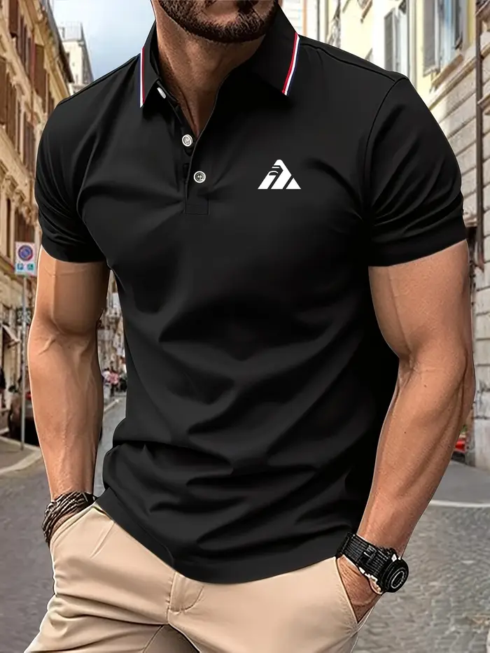 Polo à manches courtes pour hommes, imprimé Triangle créatif, rayures à revers, décontracté, respira