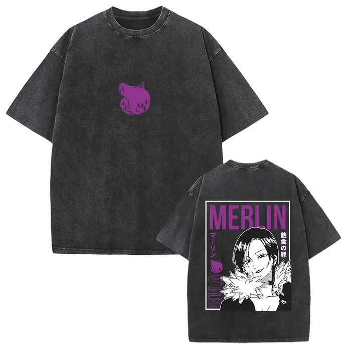 Merlin les sept péchés capitaux graphique T-shirt Manga Vintage lavé surdimensionné