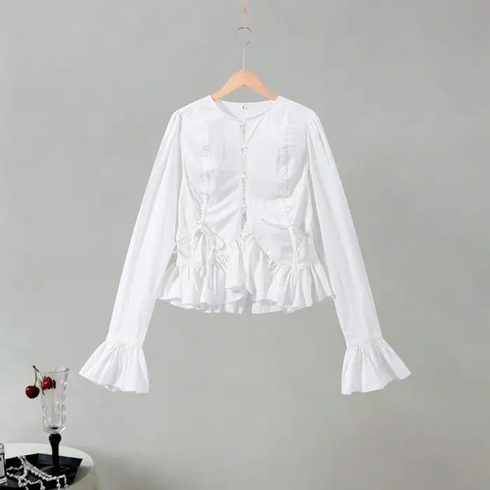 Chemisier Élégant Chic pour Femme à Manches Évasées, Boutonnage Simple et Ourlet Volanté, Couleur Un
