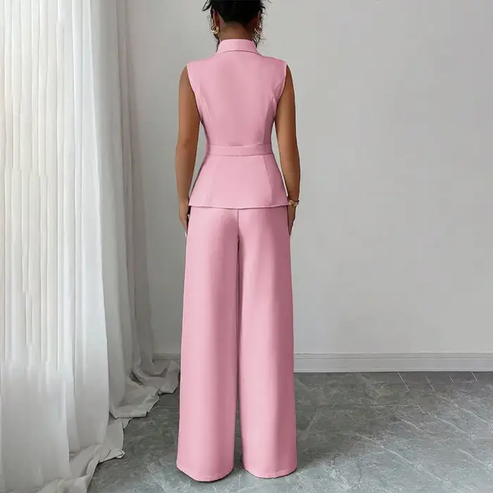 Ensemble élégant 2 pièces pour femme : Gilet blazer sans manches à col en V et pantalon large – Tenue de bureau professionnelle