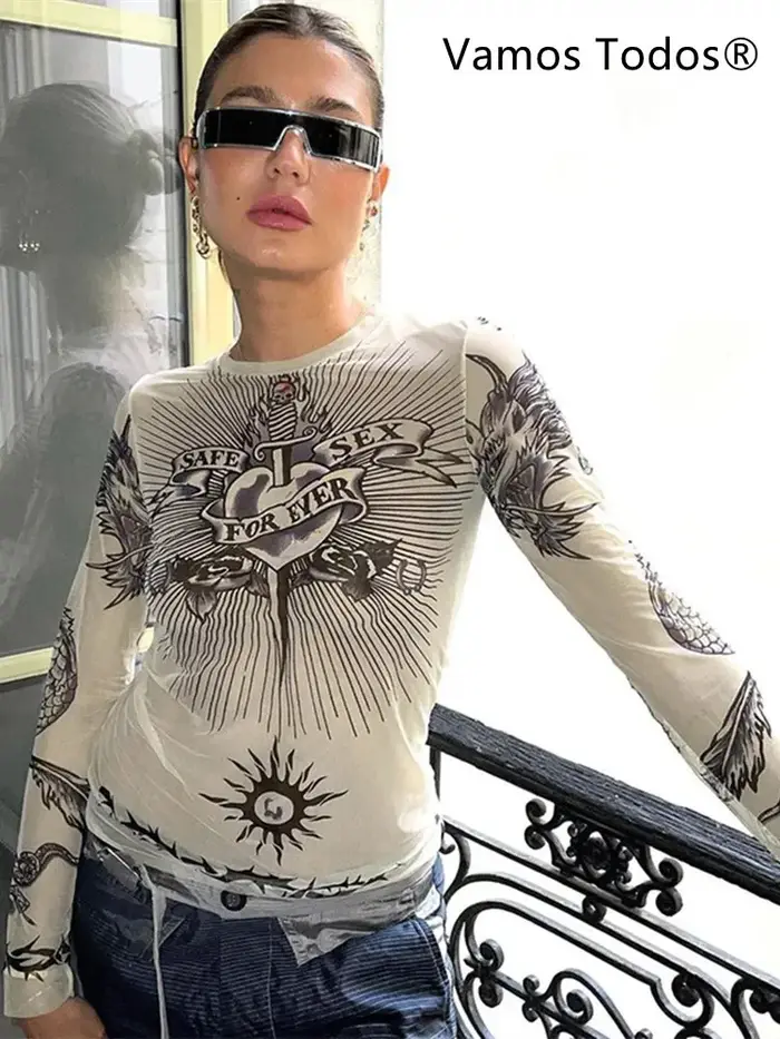 Y2k Esthétique Punk Vêtements Graphique T-shirts Femmes Gothique Mode Manches Longues Femme
