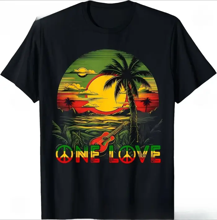 T-shirt Reggae Music Guitar Rasta Pride Jamaica Rasta Reggae Sunset