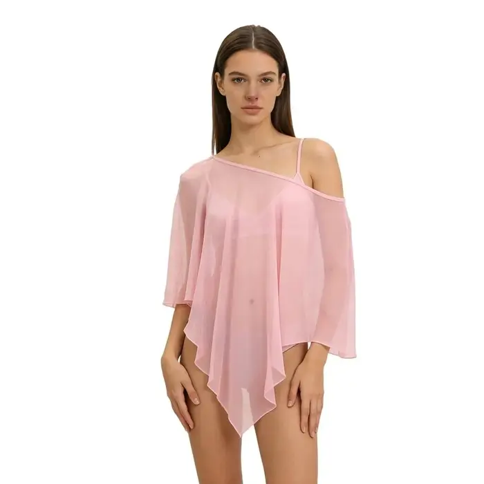 T-shirt asymétrique pour femme, couleur unie, respirant, poncho transparent, ourlet irrégulier, col