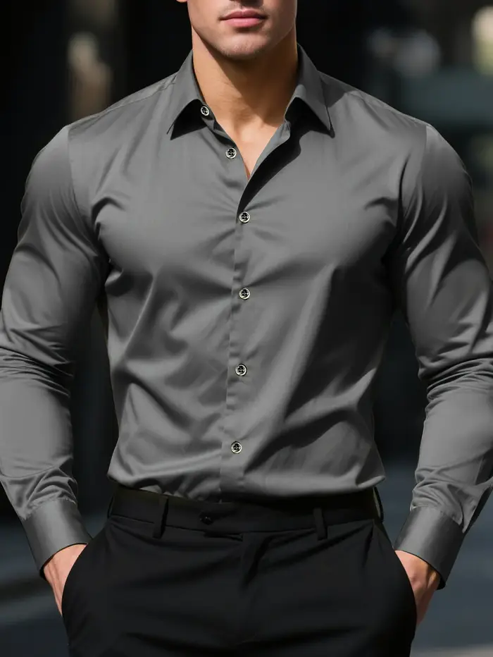FGKKS nouveaux hommes chemise flambant neuf couleur unie à manches longues tissu élastique
