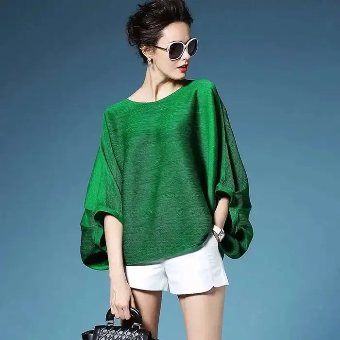 T-shirt plissé à col rond pour femme
