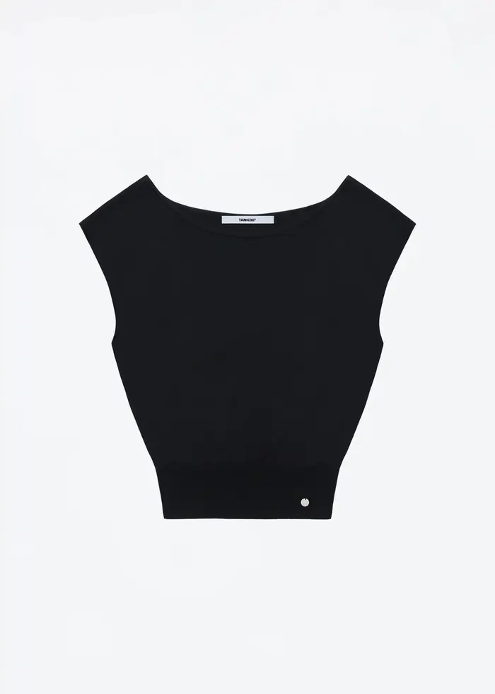 Tank Top Noir à Épaules Découpées, T-shirt Tricoté Léger et Élégant à Col en V