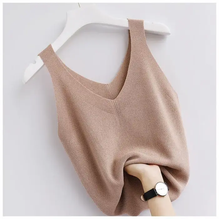 Tricot Vintage débardeur col en v sans manches esthétique ample vêtements d'été pour les femmes soli
