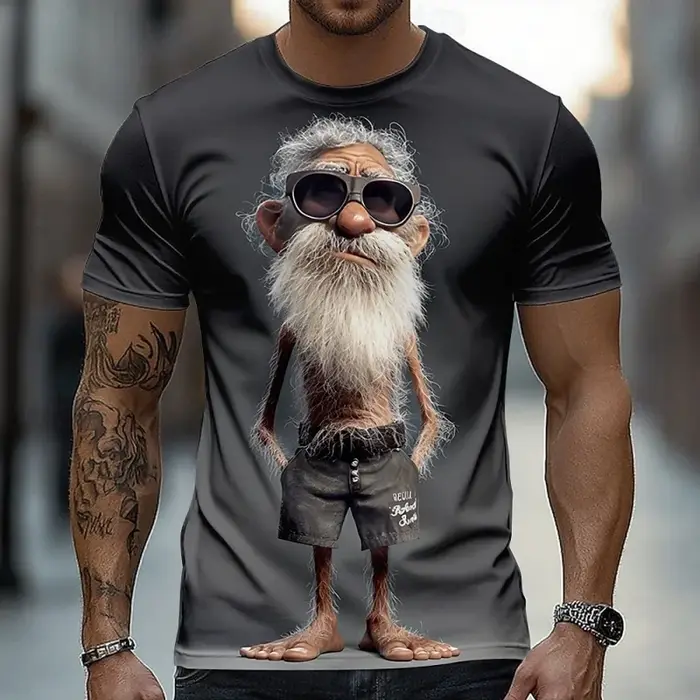 T-shirt drôle imprimé en 3D pour hommes, motif homme âgé cool avec lunettes de soleil et bière, déco