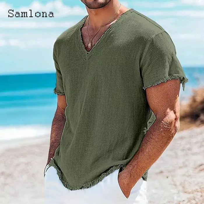 Hommes à manches courtes chemise en lin vêtements 2025 Europe mode haut basique pulls solide blanc vert Blouse
