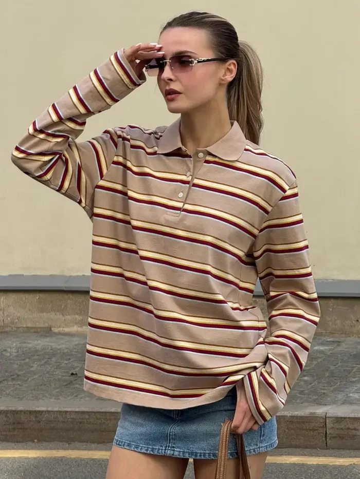 Wolfeel Femmes Vintage Inspiré Rétro Rayé Col Polo Surdimensionné Goutte Épaule Manches Longues T-Shirt À La Mode Haut Décontracté