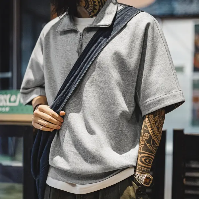 Maden Vintage Boro Style demi-zip manches courtes Polo hommes été Indigo teint imprimé col ample T-Shirt décontracté gris hauts