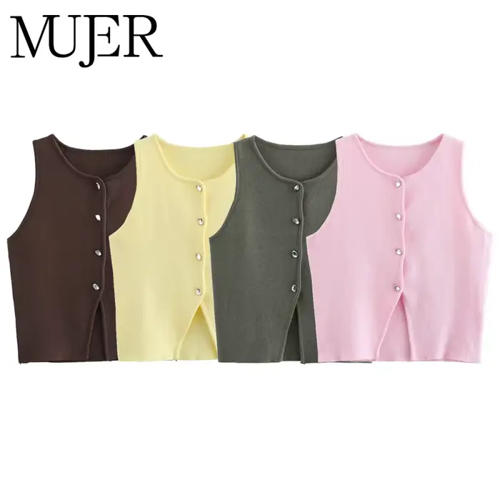 MUJER rose tricot sans manches gilet femmes recadrée pull