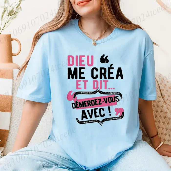 T-shirts pour femmes T-shirt décontracté à col rond avec citation française "Dieu Me C'est Mon Saint" - Haut à manches courtes avec lettres ludiques imprimées