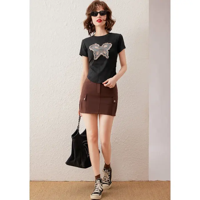 Modiis YAO-T-shirt à manches courtes et col rond pour femme, haut décontracté, pull, broderie délavée papillon, coupe couvertes, mode estivale, 2024
