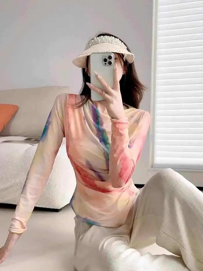 Maille dégradée haut léger respirant printemps été à manches longues col pivotant couverture chair élastique irrégulière Protection solaire pull
