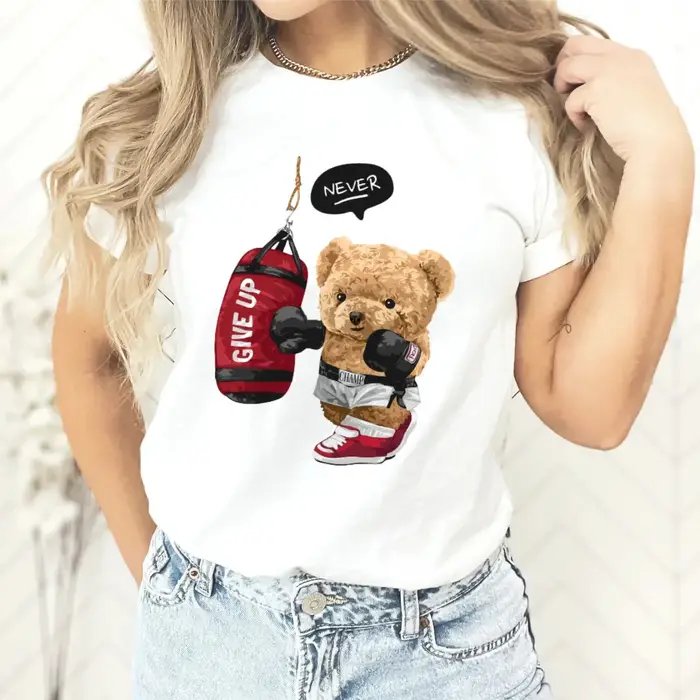 Nouveau Couple ours en peluche imprimé T-shirt Europe et états-unis mode col rond haut femme hauts surdimensionné