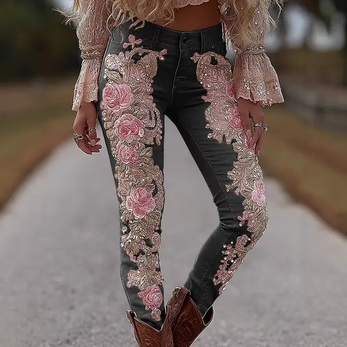Pantalon en jean extensible pour femmes, imprimé floral 3D, coupe droite, décontracté