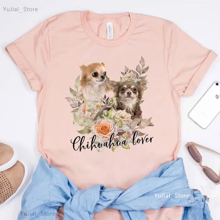 T-shirt femme, amant de Terrier, Chihuahua, Bulldog, Ausds, Yorkshire, Harajuku, Kawaii, fleur, rose
