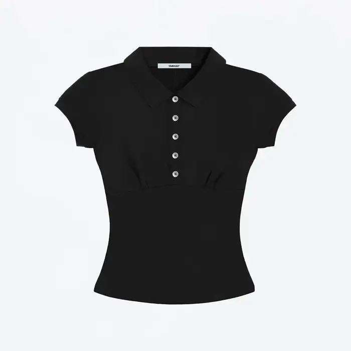Débardeur revers col polo bouton mince stretch manches courtes épaule T-shirt haut court taille faço