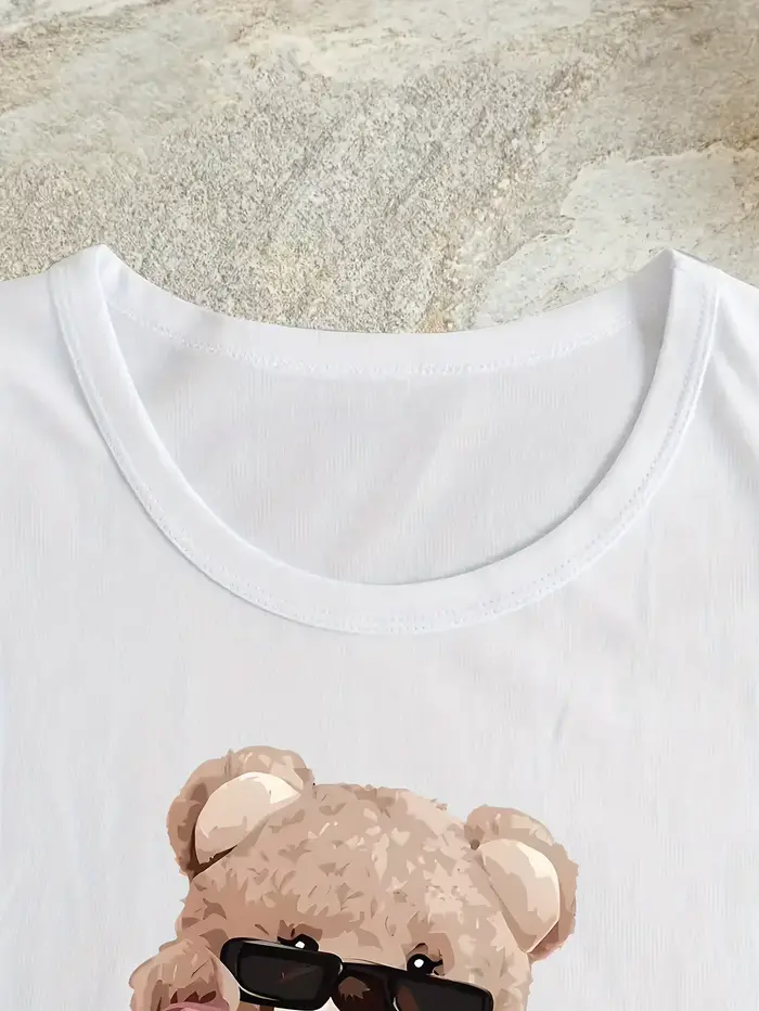Ours mignon imprimé T-shirt à manches courtes col rond haut décontracté pour l'été et le printemps vêtements pour femmes