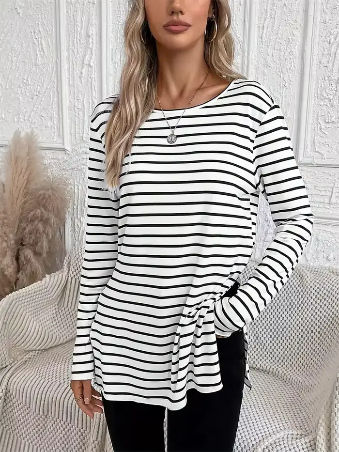T-shirt manches longues col rond femme, décontracté, à rayures imprimées, fente latérale, printemps 