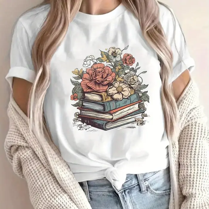 T-shirt pour femme avec imprimé floral sur des livres, cadeau pour les amoureux des livres, t-shirt 