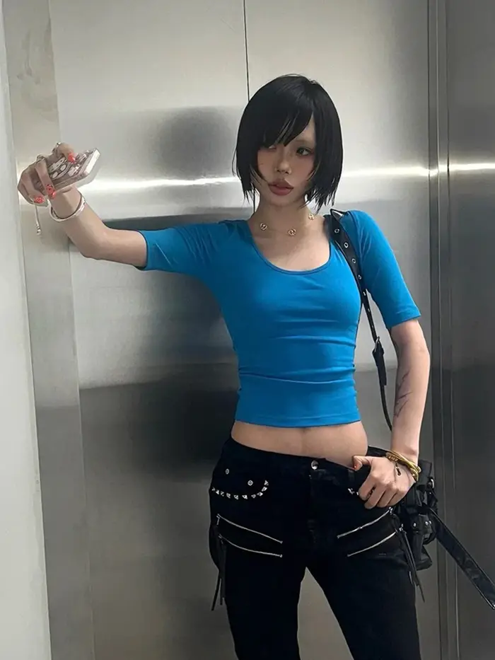 T-shirt esthétique Tonngirls années 2000 pour femme, haut court slim à manches courtes, style Y2K Fa