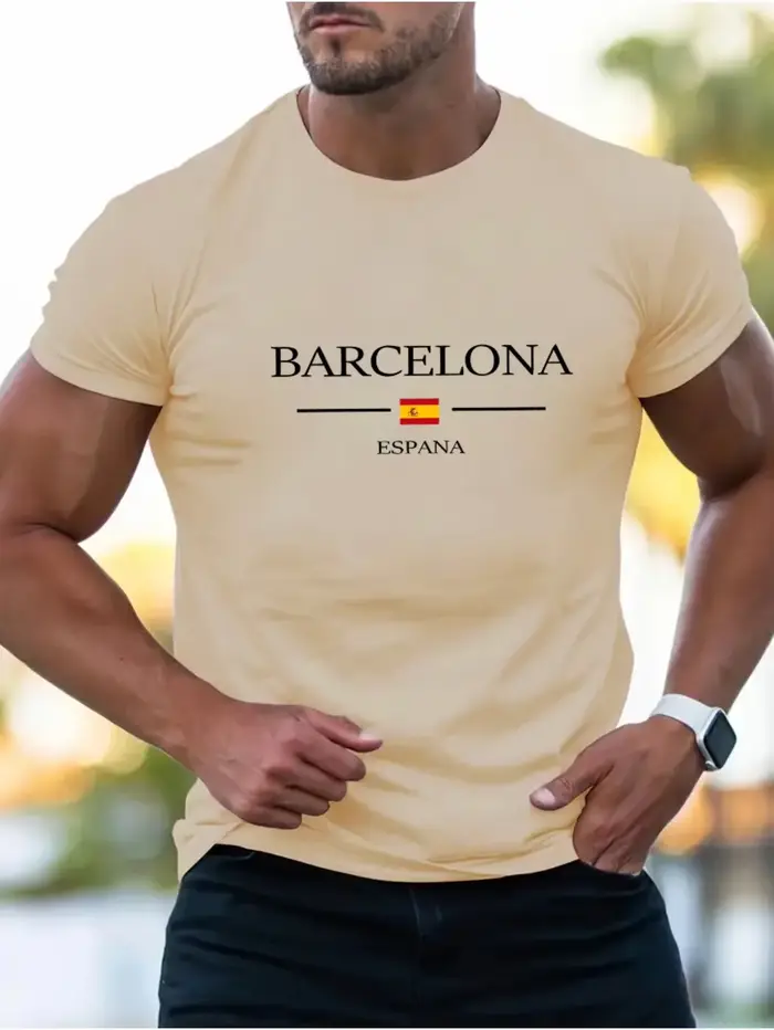 T-shirt imprimé Lettre Barcelone 100% Coton Coupe décontractée d'été Col rond Manches courtes pour Hommes Femmes Enfants