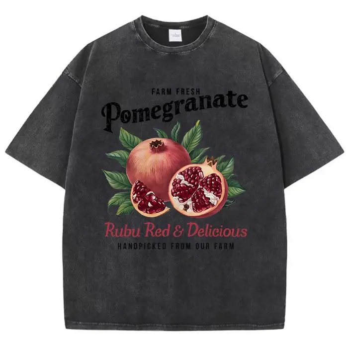 T-shirt délavé en coton pour femmes, imprimé grenade brillant, surdimensionné, col rond, confortable