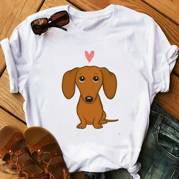 Teckel noir et Tan avec amour imprimé t-shirts femmes mignon Wiener chien dessin animé T-Shirt Femme