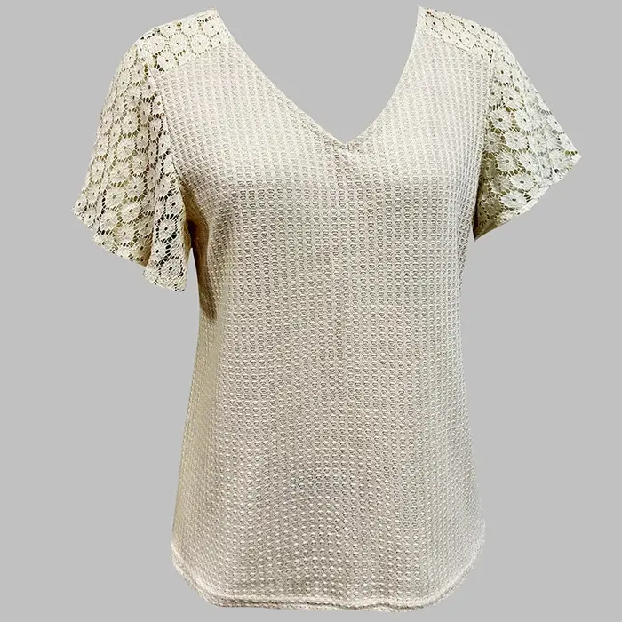 Nouveau T-shirt en dentelle à manches courtes et col en V profond pour femme