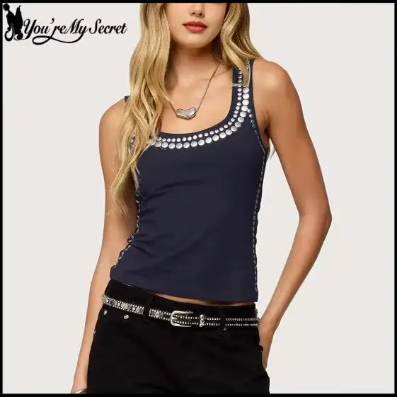 [You're My Secret] Débardeur Noir Femme Tendance Style Punk avec Rivets