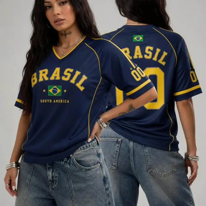 Nouveau T-shirt 2026 Thème Brésilien BRASIL Col en V Coupe Ample Couleurs Classiques Style Unisexe p