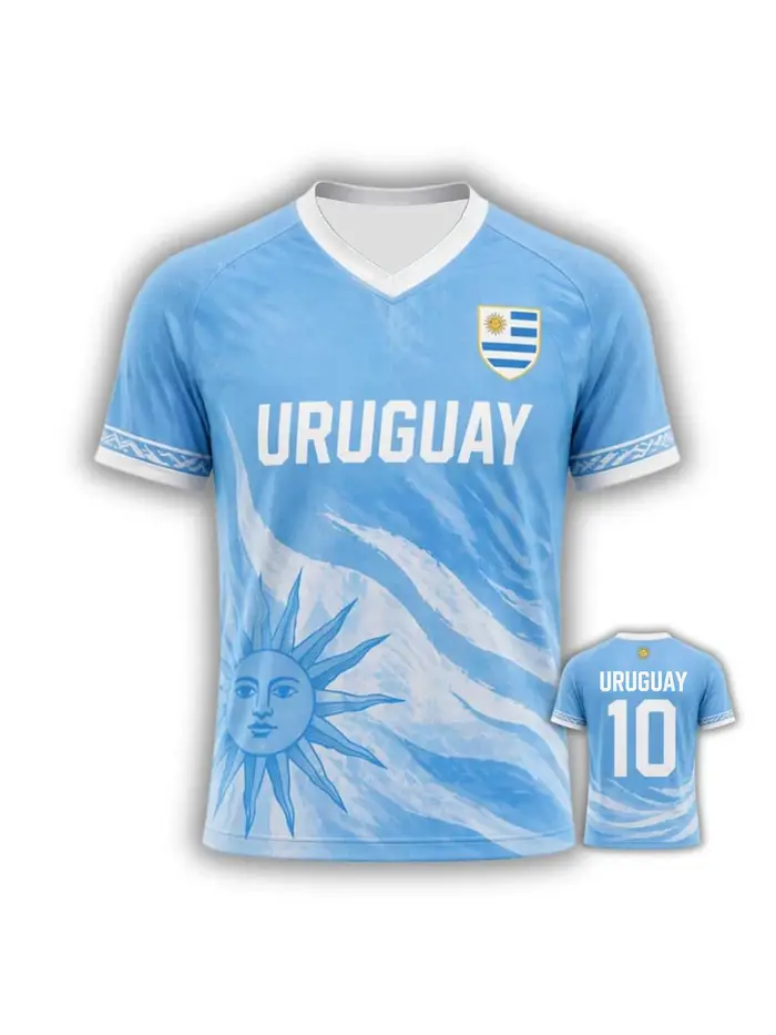 T-shirt d'été pour homme Uruguay 10, imprimé intégral, col en V, manches courtes, maillot de support