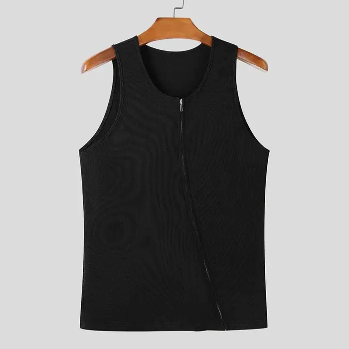 Débardeur côtelé pour homme à fermeture éclair diagonale, coupe ajustée, sans manches, couleur unie,