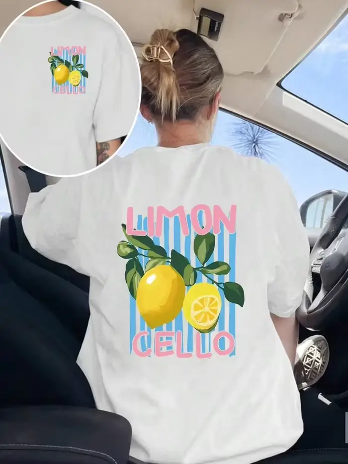 T-shirt graphique Dolce Vita Lemon pour femme, imprimé italien été devant et derrière, col rond ampl