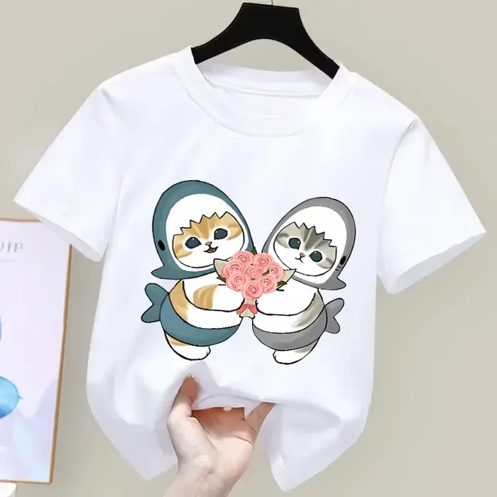 Mofusand T-Shirt Kawaii dessin animé imprimé vêtements Sport décontracté hauts basiques garçons filles coton absorbant blanc manches courtes enfants cadeau