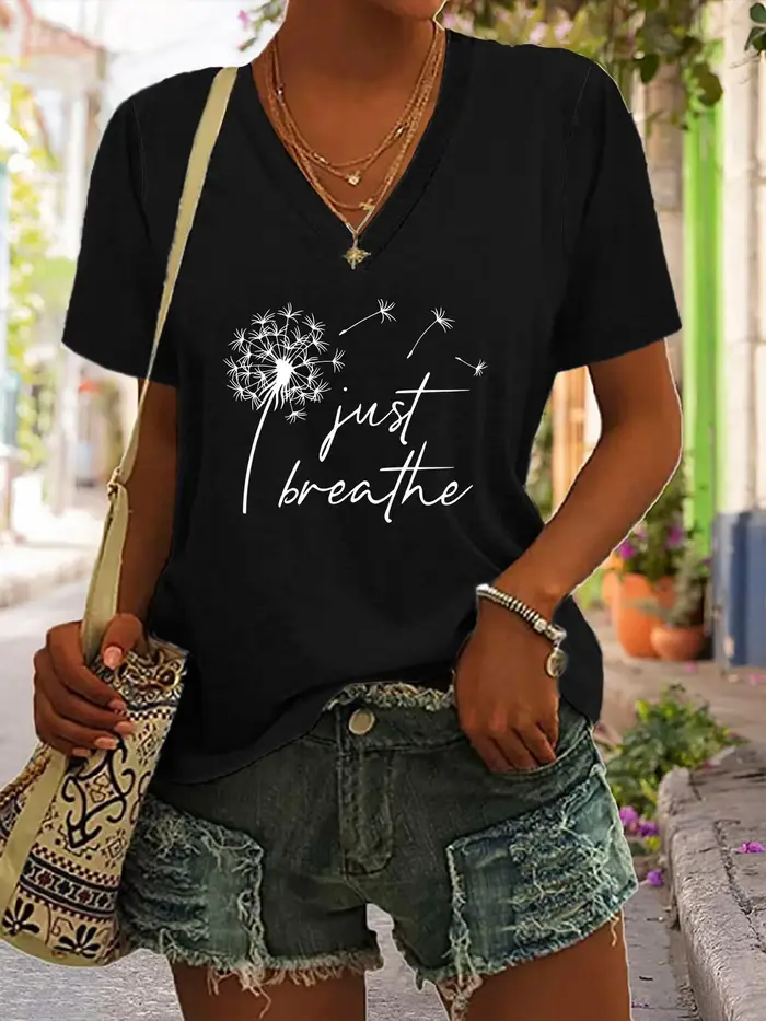 T-shirt vintage Just Breathe Dandelion à col en V