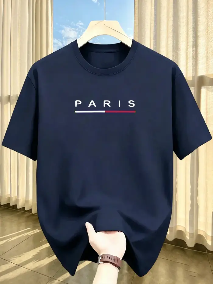 T-shirt de sport pour homme printemps/été, imprimé Paris, col rond ample, haut décontracté pour homm