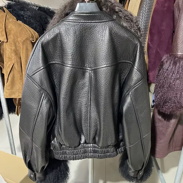 Veste bomber en peau de mouton grainée véritable pour femme, col rond, fermeture éclair, manteau en cuir véritable vintage pour femme