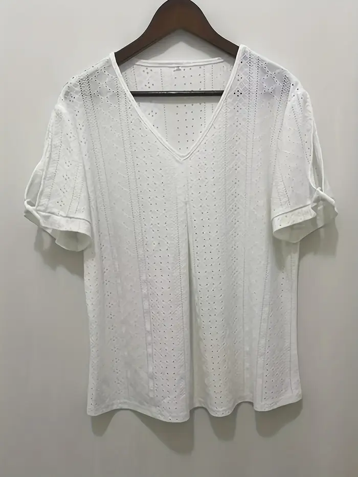 Nouveau 2025 femmes t-shirt été mode Blouses hauts grande taille décontracté couleurs unies évider col en v à manches courtes lâche blanc t-shirts