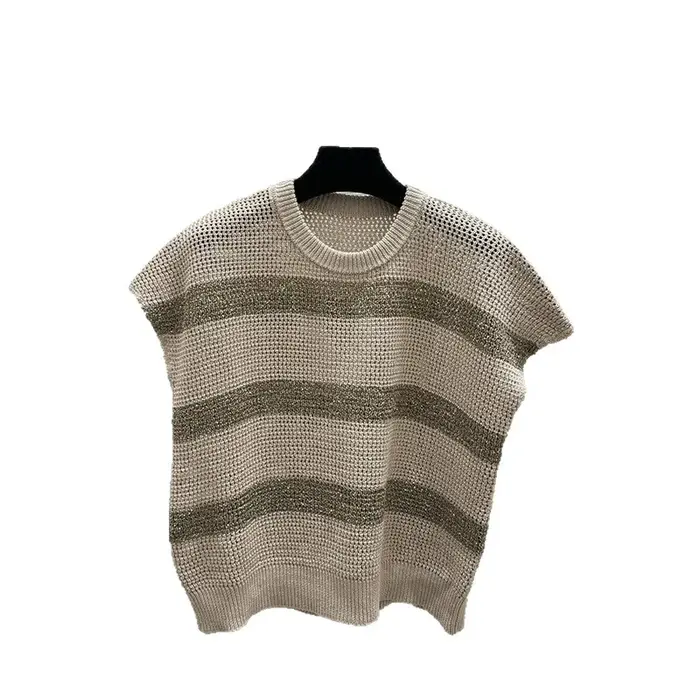 Haut court en tricot ajouré rayé à blocs de couleurs