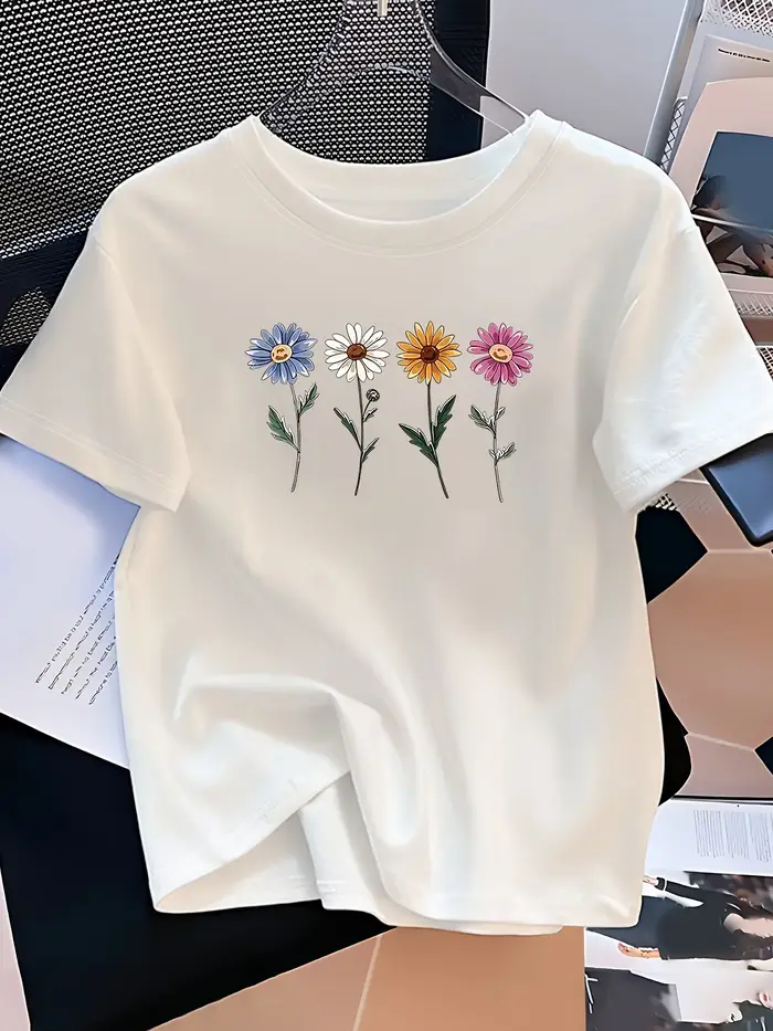 T-shirt à imprimé floral coloré pour femmes, col rond, manches courtes, design simple, mode quotidie