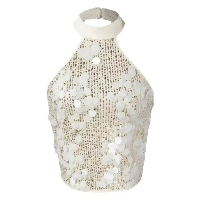 Débardeur Femme Printemps-Été Blanc à Col Halter, Orné de Paillettes, Court et Brillant, Idéal pour 