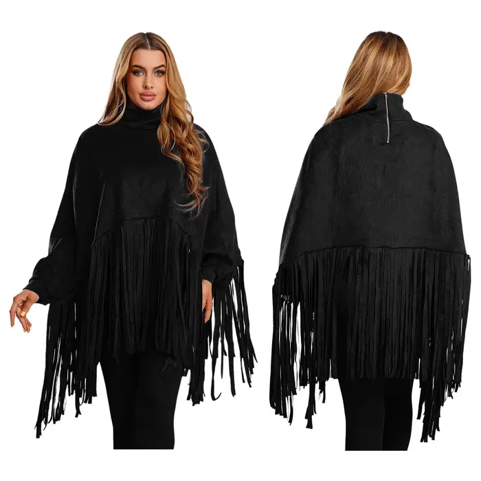 Pull rétro en Faux daim pour femmes, haut à franges, Cape, col montant, fermeture éclair sur le deva