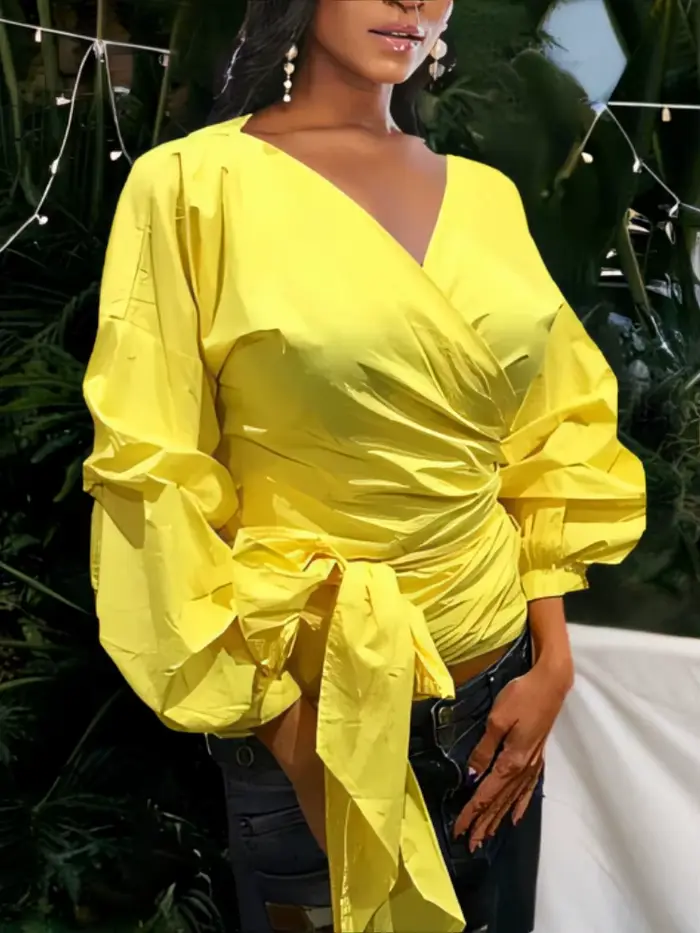 Femmes chemisier jaune Peplum hauts avec ceinture de taille noeud papillon manches bouffantes col en V dame chemises d'été vêtements féminins Blusas africain nouveau