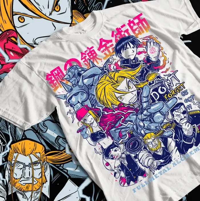 T-shirt classique japonais avec impression graphique de Manga FULLMETAL ALCHEMIST